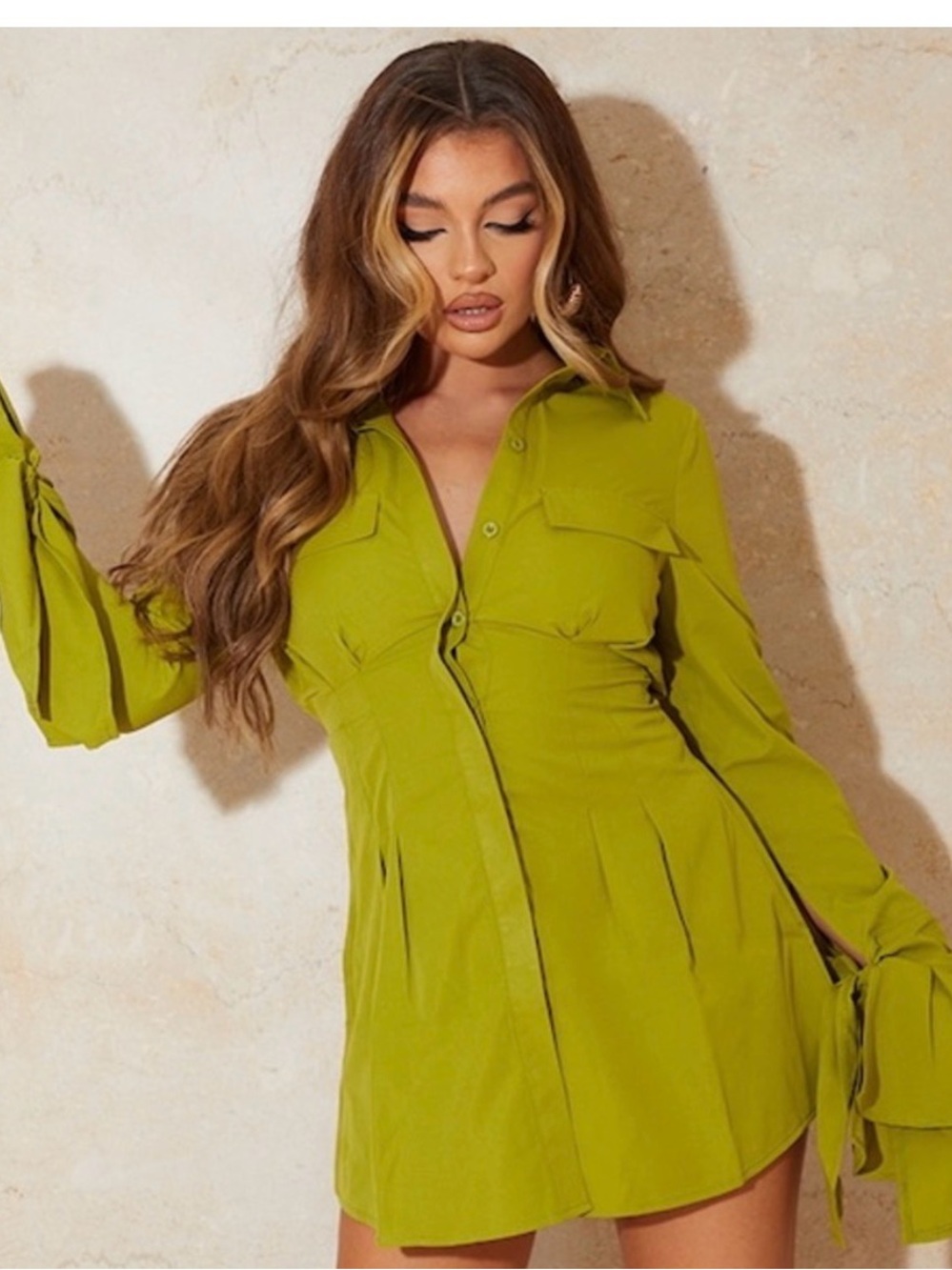 Olive Green Cuff Tie Dress